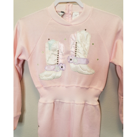 Tucano Other - Vintage Tucano Pink Cowboy Boots Applique Fleece Jumpsuit Girls Size 12